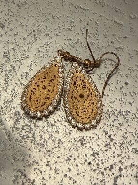 Gold Lace Teardrop Earrings with Crystal Trim - Women Jewelry